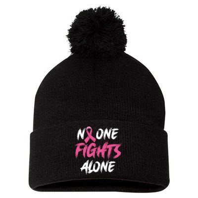 Breast Cancer Awareness Pink Ribbon No One Fight Alone Pom Pom 12in Knit Beanie