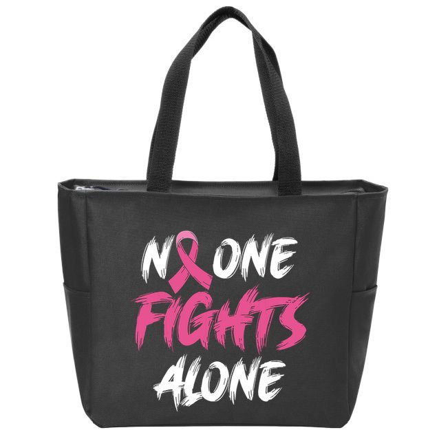 Breast Cancer Awareness Pink Ribbon No One Fight Alone Zip Tote Bag