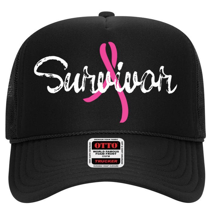 Breast Cancer Awareness Survivor Pink Ribbon Gift High Crown Mesh Back Trucker Hat