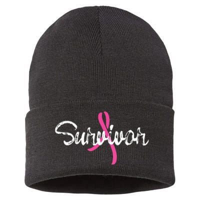 Breast Cancer Awareness Survivor Pink Ribbon Gift Sustainable Knit Beanie