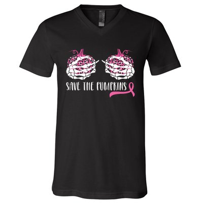 Breast Cancer Awareness Save The Pumpkins Halloween Costume V-Neck T-Shirt