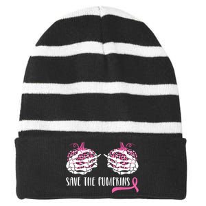 Breast Cancer Awareness Save The Pumpkins Halloween Costume Striped Beanie with Solid Band