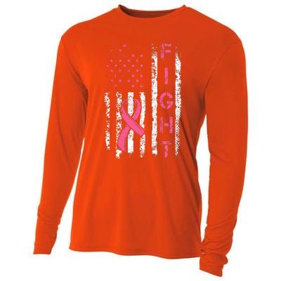 Breast Cancer Awareness American Flag Distressed Cooling Performance Long Sleeve Crew