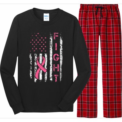 Breast Cancer Awareness American Flag Distressed Long Sleeve Pajama Set