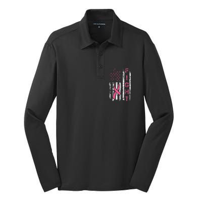 Breast Cancer Awareness American Flag Distressed Silk Touch Performance Long Sleeve Polo