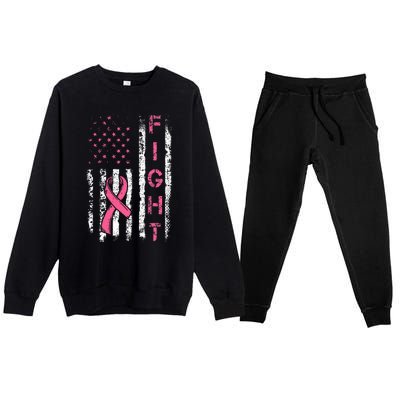 Breast Cancer Awareness American Flag Distressed Premium Crewneck Sweatsuit Set