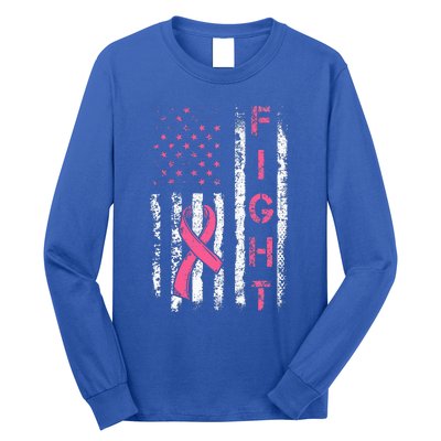 Breast Cancer Awareness American Flag Distressed Long Sleeve Shirt