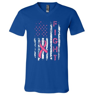 Breast Cancer Awareness American Flag Distressed V-Neck T-Shirt