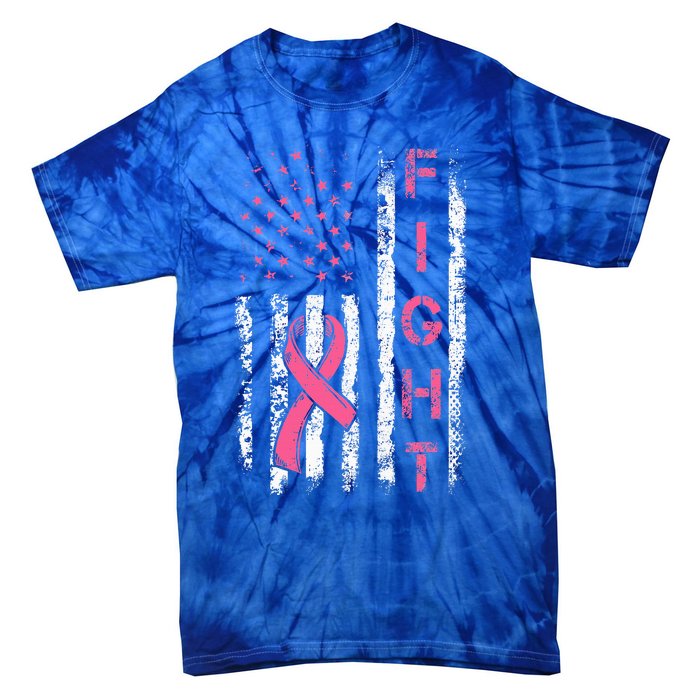 Breast Cancer Awareness American Flag Distressed Tie-Dye T-Shirt