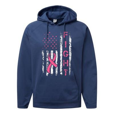 Breast Cancer Awareness American Flag Distressed Performance Fleece Hoodie