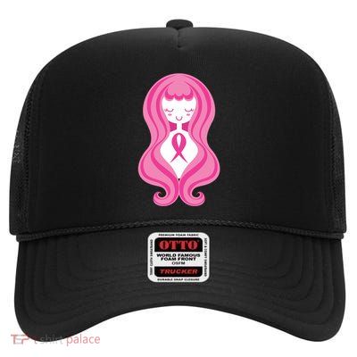 Breast Cancer Awareness Pink Ribbon Girl High Crown Mesh Back Trucker Hat