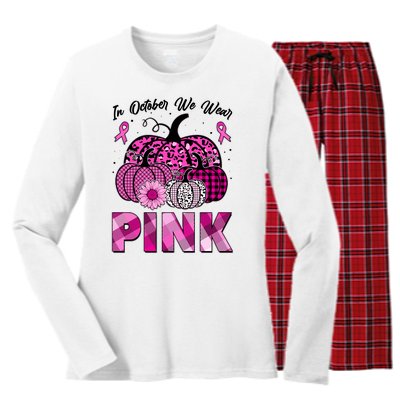 Breast Cancer Awareness In October We Wear Pink Pink Pumpkins Women's Long Sleeve Flannel Pajama Set 