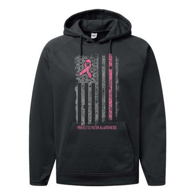 Breast Cancer American Flag Breast Cancer Awareness Performance Fleece Hoodie