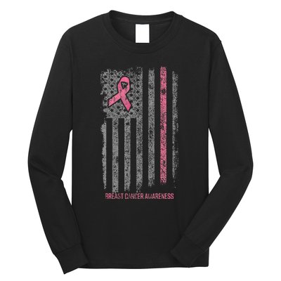 Breast Cancer American Flag Breast Cancer Awareness Long Sleeve Shirt