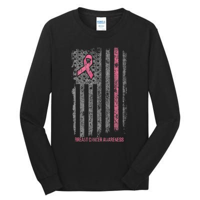 Breast Cancer American Flag Breast Cancer Awareness Tall Long Sleeve T-Shirt