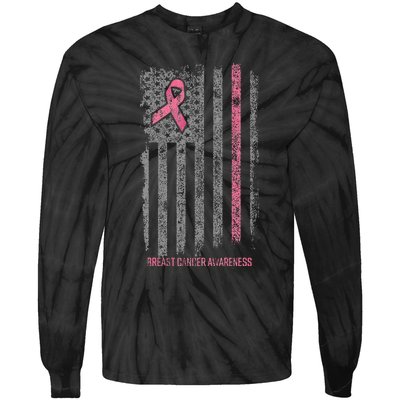 Breast Cancer American Flag Breast Cancer Awareness Tie-Dye Long Sleeve Shirt