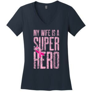 Breast Cancer Awareness My Wife Is A Superhero Women's V-Neck T-Shirt