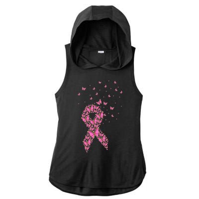 Breast Cancer Awareness Pink Butterfly Ribbon Ladies PosiCharge Tri-Blend Wicking Draft Hoodie Tank