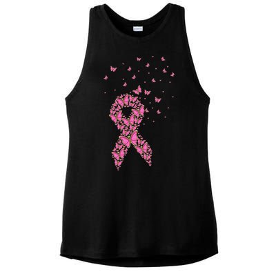 Breast Cancer Awareness Pink Butterfly Ribbon Ladies PosiCharge Tri-Blend Wicking Tank