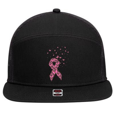 Breast Cancer Awareness Pink Butterfly Ribbon 7 Panel Mesh Trucker Snapback Hat