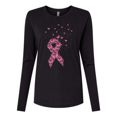 Breast Cancer Awareness Pink Butterfly Ribbon Womens Cotton Relaxed Long Sleeve T-Shirt