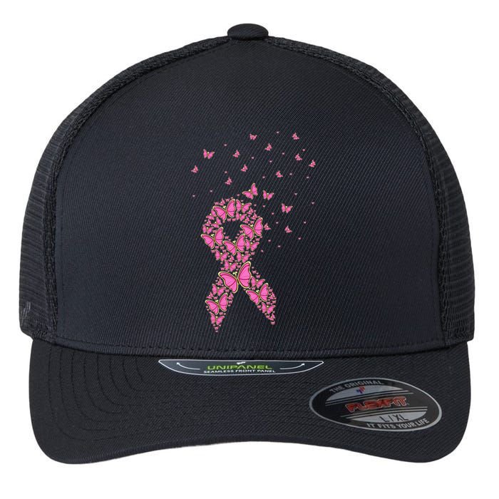 Breast Cancer Awareness Pink Butterfly Ribbon Flexfit Unipanel Trucker Cap