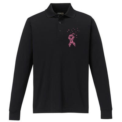 Breast Cancer Awareness Pink Butterfly Ribbon Performance Long Sleeve Polo