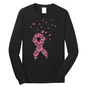 Breast Cancer Awareness Pink Butterfly Ribbon Long Sleeve Shirt