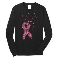 Breast Cancer Awareness Pink Butterfly Ribbon Long Sleeve Shirt