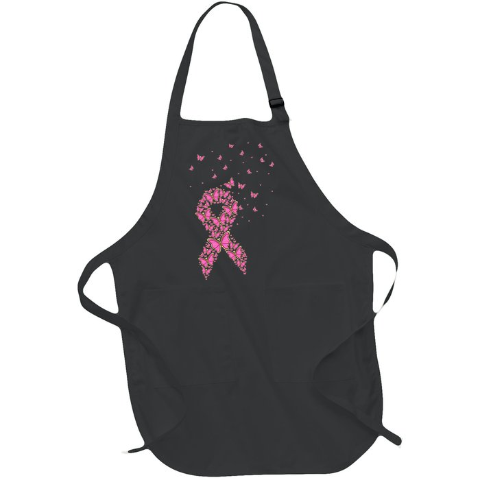 Breast Cancer Awareness Pink Butterfly Ribbon Full-Length Apron With Pockets