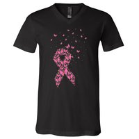 Breast Cancer Awareness Pink Butterfly Ribbon V-Neck T-Shirt