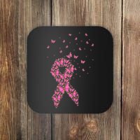 Breast Cancer Awareness Pink Butterfly Ribbon Coaster