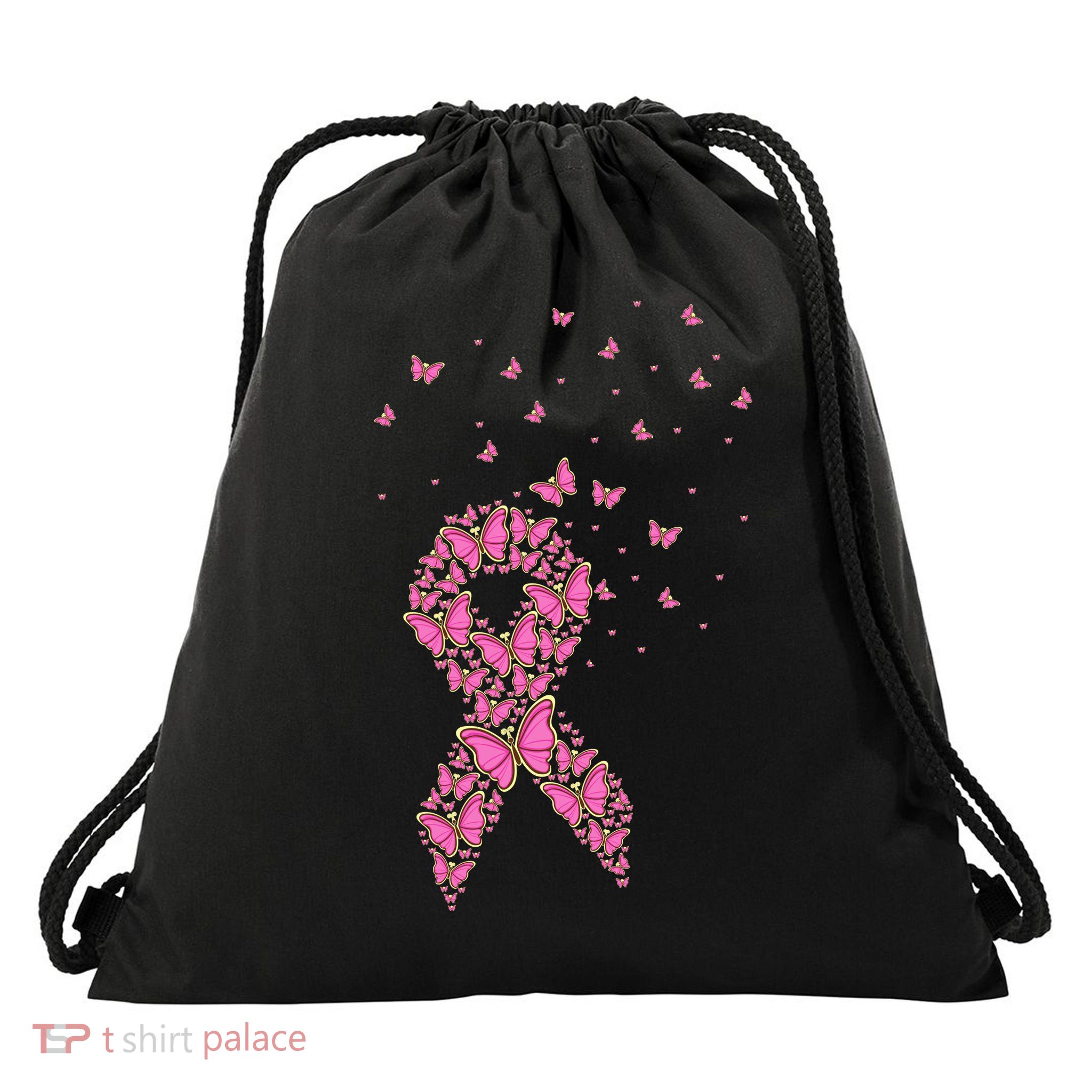 Breast Cancer Awareness Pink Butterfly Ribbon Drawstring Bag