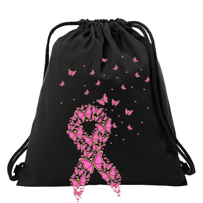 Breast Cancer Awareness Pink Butterfly Ribbon Drawstring Bag