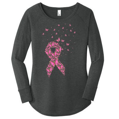 Breast Cancer Awareness Pink Butterfly Ribbon Women's Perfect Tri Tunic Long Sleeve Shirt