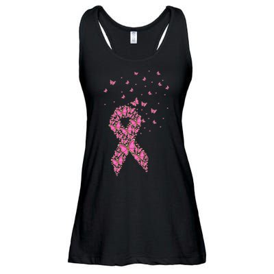 Breast Cancer Awareness Pink Butterfly Ribbon Ladies Essential Flowy Tank