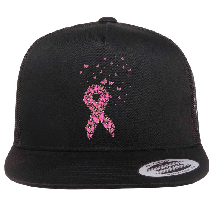 Breast Cancer Awareness Pink Butterfly Ribbon Flat Bill Trucker Hat