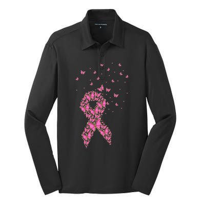 Breast Cancer Awareness Pink Butterfly Ribbon Silk Touch Performance Long Sleeve Polo