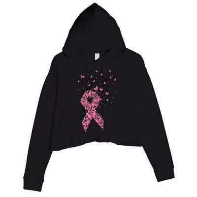 Breast Cancer Awareness Pink Butterfly Ribbon Crop Fleece Hoodie