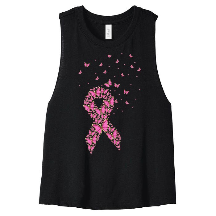 Breast Cancer Awareness Pink Butterfly Ribbon Women's Racerback Cropped Tank