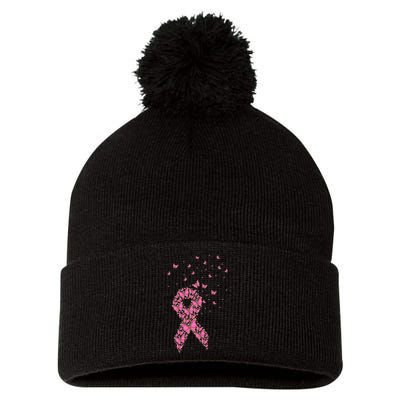 Breast Cancer Awareness Pink Butterfly Ribbon Pom Pom 12in Knit Beanie