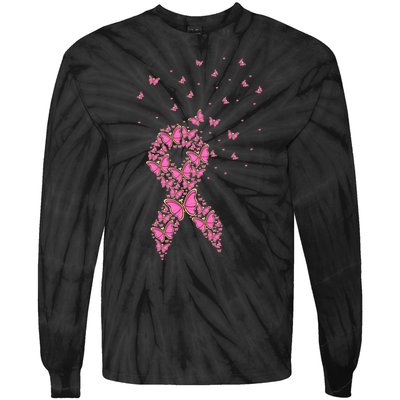 Breast Cancer Awareness Pink Butterfly Ribbon Tie-Dye Long Sleeve Shirt