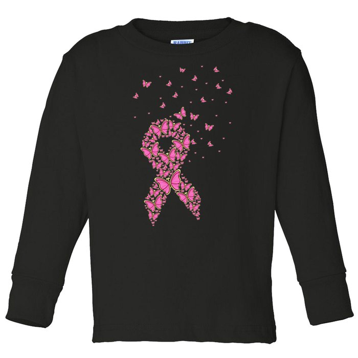 Breast Cancer Awareness Pink Butterfly Ribbon Toddler Long Sleeve Shirt