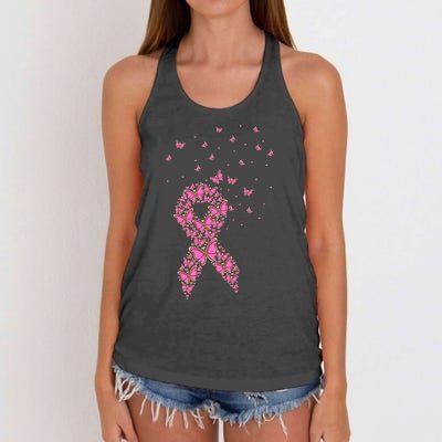 Breast Cancer Awareness Pink Butterfly Ribbon Women's Knotted Racerback Tank