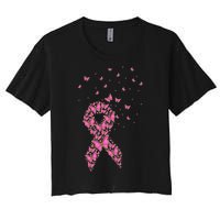 Breast Cancer Awareness Pink Butterfly Ribbon Women's Crop Top Tee