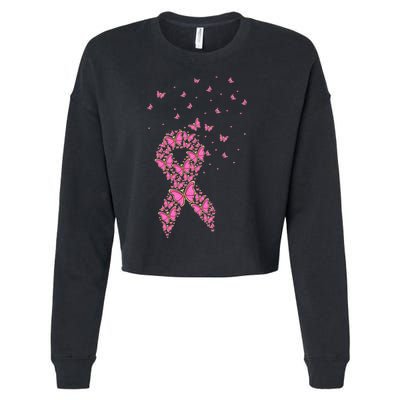 Breast Cancer Awareness Pink Butterfly Ribbon Cropped Pullover Crew