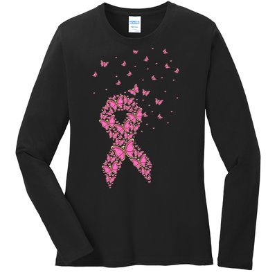 Breast Cancer Awareness Pink Butterfly Ribbon Ladies Long Sleeve Shirt