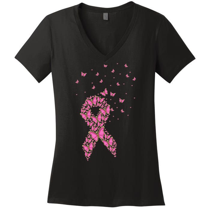 Breast Cancer Awareness Pink Butterfly Ribbon Women's V-Neck T-Shirt