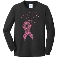 Breast Cancer Awareness Pink Butterfly Ribbon Kids Long Sleeve Shirt