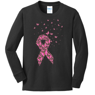 Breast Cancer Awareness Pink Butterfly Ribbon Kids Long Sleeve Shirt